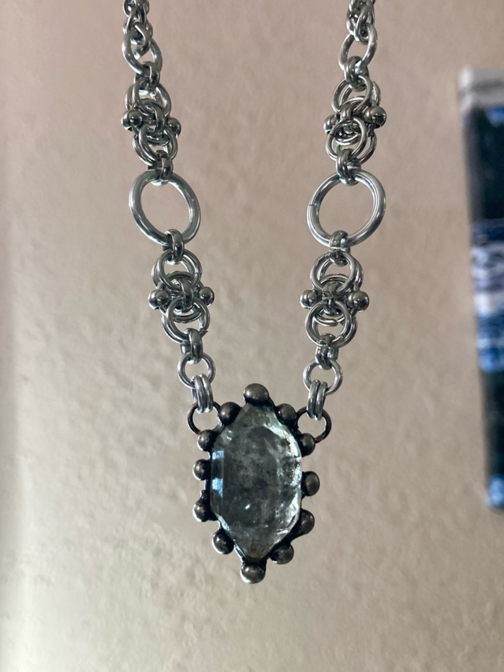 Smoky black herkimer diamond crystal on handmade maille stainless steel chain - Picture 9 of 16